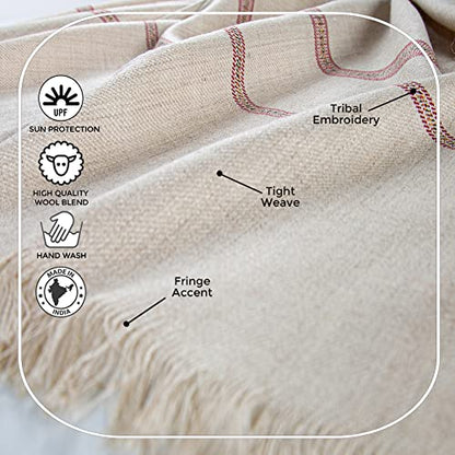 Versatile Premium Wool Blend Meditation Shawl - Large Unisex Prayer Wrap, Oversized Scarf & Yoga Blanket - color: Light Brown
