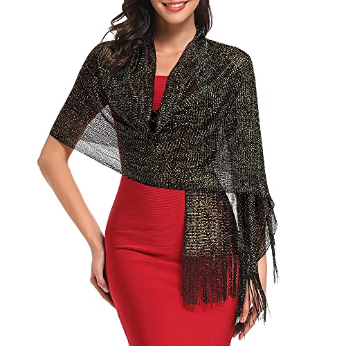 vimate Sparkling Metallic Shawls and Wraps for Evening Party/Wedding/Formal Dresses (With Free Buckle) - color: H#. Black & Glod (With Black Buckle)