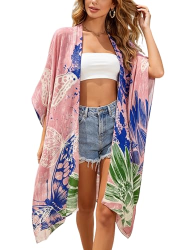 Kimonos for Women Swimsuit Coverups Beach Cover Up Swimwear Cardigan Summer - color: Pink Butterfly