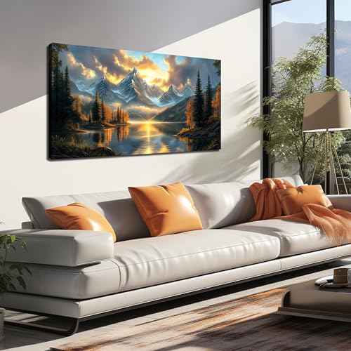 JuhaiArt Mountain Lake Canvas Wall Art Landscape Picture Artwork Gold Wall Decor for Living Room Bedroom Office Sunset Poster 24" x 48" - color: Gold, size: 48"L x 24"W