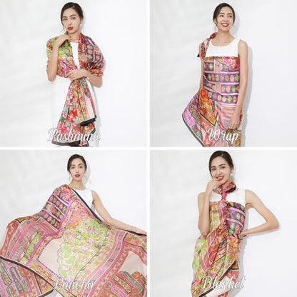 100% Mulberry Extra Large Silk Pashmina Scarf Shawls And Wraps For Women Evening Dress Summer Travel Floral Blanket - color: Orange Mosaic Dream