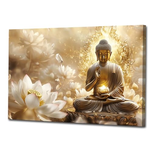 Buddha Canvas Wall Art Zen Golden Buddha Statue Poster Prints Buddha with Lotus Picture Prints for Meditation Decor Framed(Buddha-3,16x20inch (40x50cm)) - color: Buddha-3, size: 16 x 20 inches