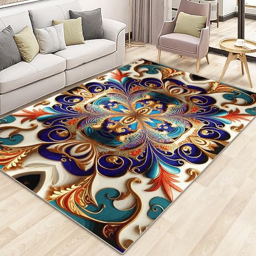 Washable Living Room Area Rug, Non-Slip Vintage Hallway Rug with Upgrade Rubber Backing, Stain Resistant Faux Wool Distressed Carpet Runner for Bedroom, Kitchen, Laundry, Entrance (79" x 59") - size: 4'11" x 6'7" (Rectangular)