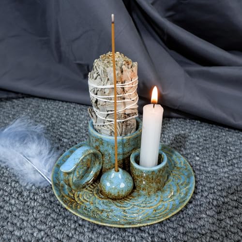 MOUGIGI 5-in-1 Ceramic Palo Santo Burner Holder Blue -Small Candle Holder & Smudge Burning Tray Bowl,Fits Incense Sticks/Cones, Sage.Zen Altar for Meditation Room, Aromatic Scents, Matches Compatible - color: Multifunctional Palo Plate-blue