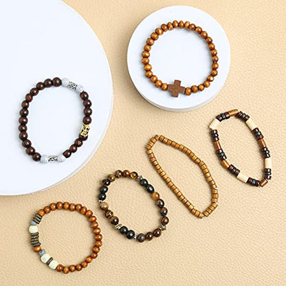HZMAN Wrap Bracelets Men Women, Hemp Cords Wood Beads Ethnic Tribal Bracelets, Leather Wristbands - style: Skull & Wooden Cross