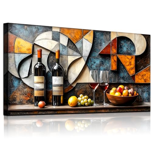 WLWBINTING Wine Glass Painting Canvas Wall Decor For Kitchen Wall Art For Dining Room Decorations Abstract Vintage Still Life Picture Artwork Pub Living Room Wall Mural Posters Home Decor 20"x40" - color: Abstract Wine Glass And Fruit Painting, size: 40"L