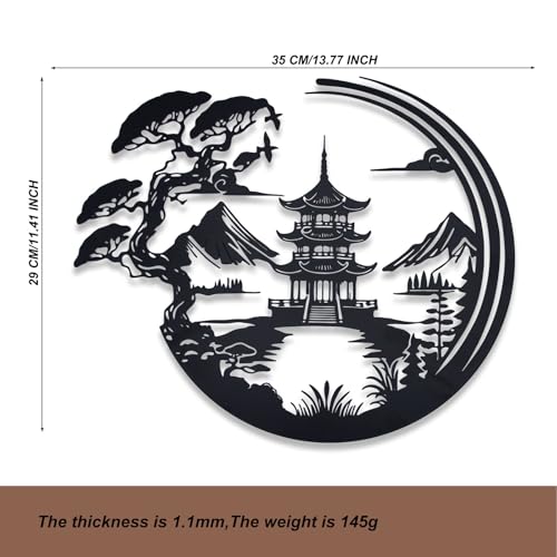 Japanese Bonsai Pagoda Metal Wall Art - Black Zen Asian Decor for Living Room, Bedroom & Office,lack Asian Inspired Wall Decor with Mountain and Tree Design, Wall Sculpture (11.8 x 9.8 Inches)