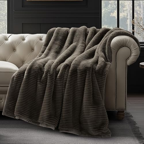 EVERGRACEHOME Ultra Soft Faux Fur Throw Blanket for Couch, Luxury Sculpted Texture Faux Rabbit Fur Blanket for Bed, Fluffy Thick Plush Warm Fuzzy Throw, 920GSM (Dark Taupe, 60''x80'') - color: Dark Taupe, size: 60''x80''