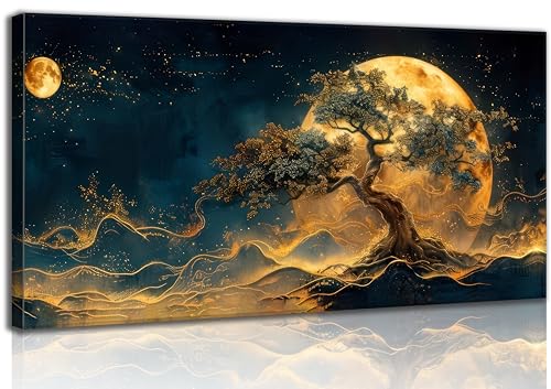 Gold Tree of Life Canvas Wall Art Sun Moon and Stars Celestial Picture Wall Decor Large Tree Poster Dark Green Gold Mystical Starry Sky Painting Print Artwork for Living Room Bedroom Office Home Decor - color: Gold Tree of Life, size: 32"L x 16"W