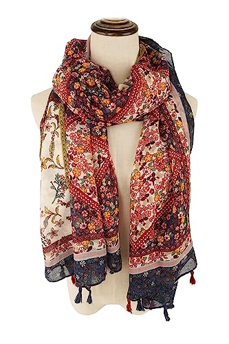 YOUR SMILE Large Boho Scarf for Women Lightweight Floral Printed Scarves Fall Winter Fashion Fringed Shawl wraps - color: 19 Wine Red Boho