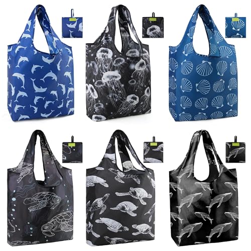 BeeGreen Animal Reusable Shopping Bags Cute Grocery Bag 6 Pack, Christmas Gift Bags Heavy-Duty Foldable Shopping Totes for Supermarket, Work & Travel, Large Washable Polyester Tote Bag with Handles - color: Blue, Black