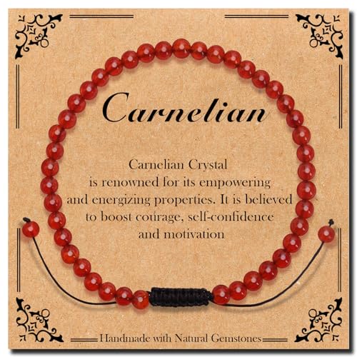 BONNY BOXX Braided Genuine Bracelet, Elegant Handcrafted Natural Gemstone Crystal Bracelet Healing Power Energy Inspirational Gifts with Card for Unisex - color: Carnelian, size: 4MM