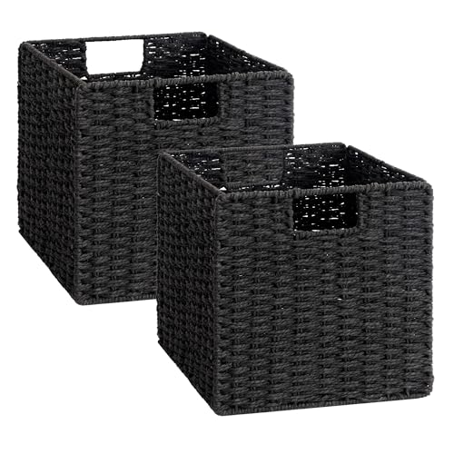 StorageWorks 11 inch Wicker Baskets, Handwoven Storage Cubes with Handles, Foldable Paper Rope Basket for Organizing, Black, 2 Pack - color: Black, size: 11"L x 11"W x 11"H