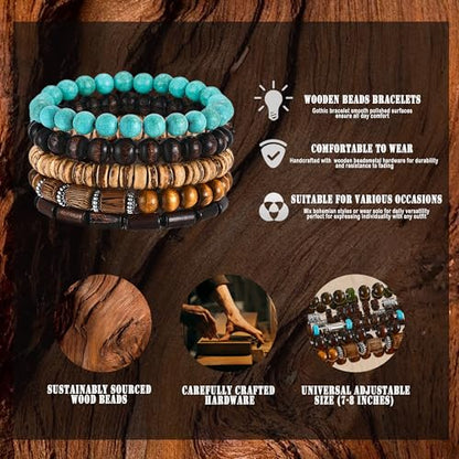 31 Pcs Wooden Beads Bracelets Set for Women Men Multi-Layered Wood Metal Wristbands Elastic Stretch Bohemian Bangle Bracelet Stack Adjustable