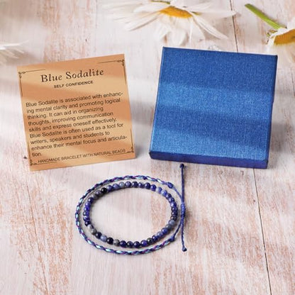 QOGIR 2pcs Handmade Healing Bracelet, Natural Gem Stone Crystal Elastic Bracelet - color: Blue Sodalite(Self Confidence), size: 4mm