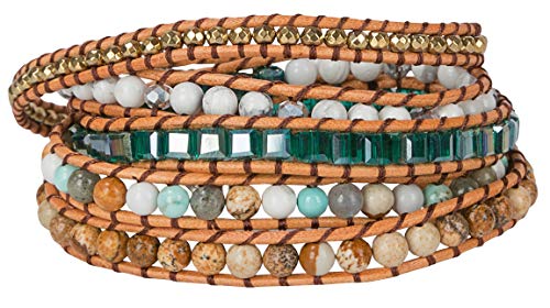 New! Dazzling Handmade Leather Wrap Bracelet Collection - style: 5 Wrap Teal Camel