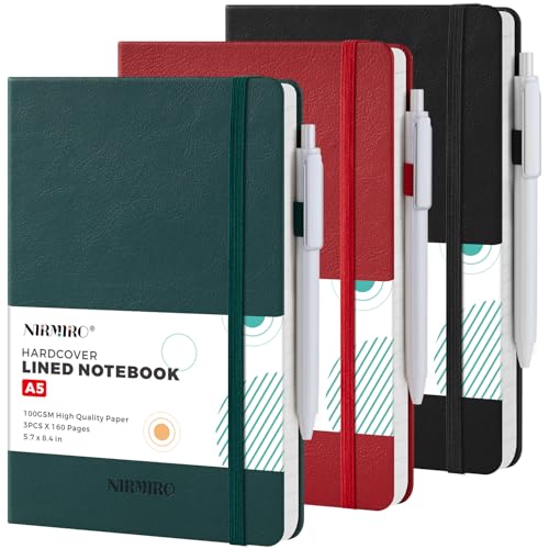 Hardcover Journal Notebook, A5 (5.7"x8.4"), 3 Pack 160 Pages Lined Journaling Notebooks with Pen, for Women, Men, Work, Writing, Travel, 100GSM Ruled Paper, School Office Supplies, Black, Red, Green - color: Black_green_red, size: A5