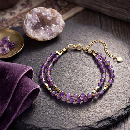Farfume Beaded Bracelets for Women, Chakra Crystal 4mm Beads Gemstone Natural Stone Bead Spiritual Jewelry Gifts for Women - color: Purple Amethyst-Wisdom
