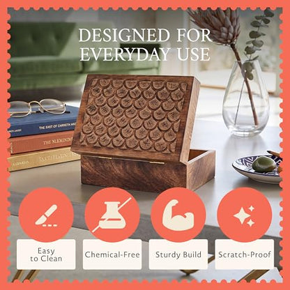 7.5” x 4.5” x 3” Mango Wood Box with Lid – Carved Scallop Medium Burnt – Handcrafted Wooden Keepsake Box – Medium Decorative Storage for Jewelry, Memory & Home Décor Accents