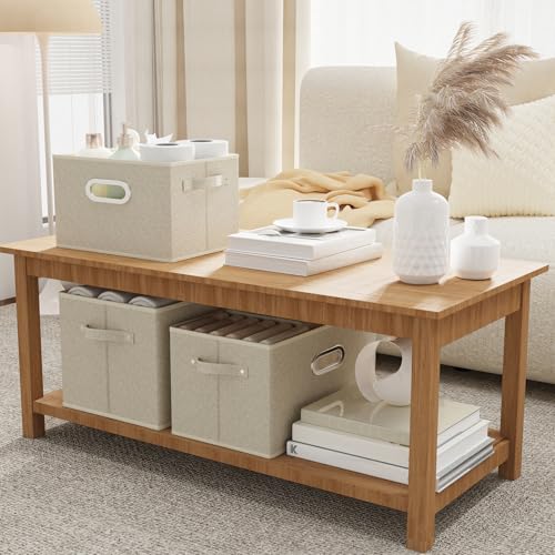 Open Storage Baskets, Collapsible Cube Bins, Fabric Container Organizer with Metal Handles, Boxes for Shelves, Closet, Living Room, 13x9.1x7.9in, Grey and Beige, 2 Pack