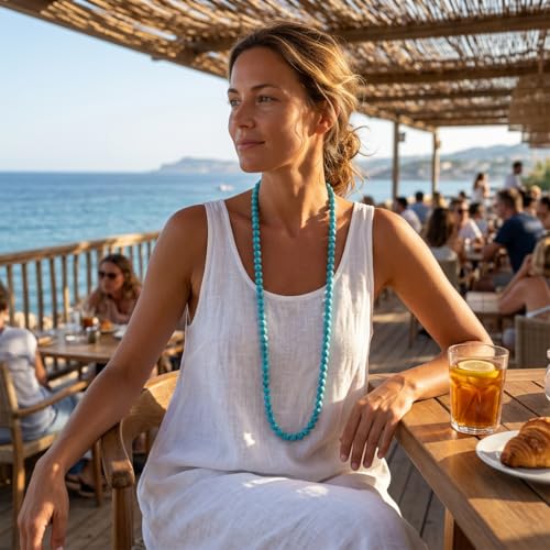 JAYUMO 8mm Mala Beads Necklace Natural Stone Meditation Statement Necklace Hand Knotted Japa Yoga Rosary Prayer Beaded Tassel Necklace - color: turquoise choker