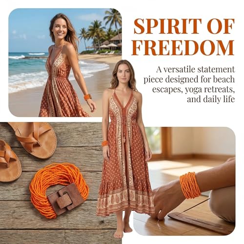 Multi Layers Seed Beads Wide Bangle Strand Bracelet for Women (BR1167)… - color: Orange