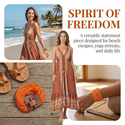 Multi Layers Seed Beads Wide Bangle Strand Bracelet for Women (BR1167)… - color: Orange