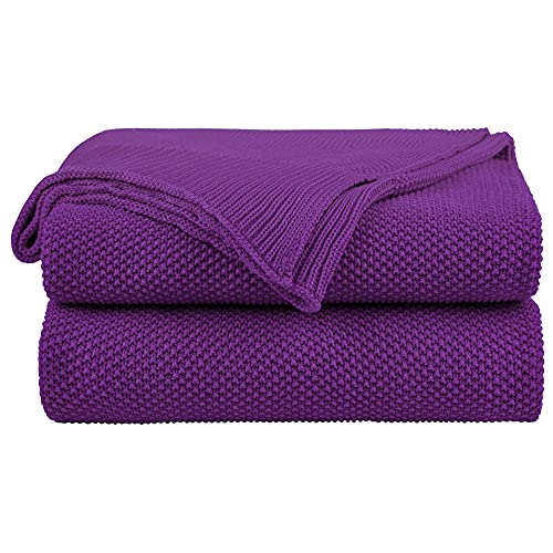 PiccoCasa 100% Cotton Knit Throw Blanket,Solid Lightweight Decorative Throws and Blankets,Soft Knitted Throw Blanket for Sofa Couch, Purple, 50" x 60" - color: Purple, size: Throw (50" * 60")