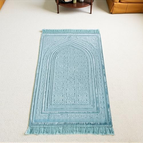 Modefa Luxury Velvet Prayer Rug with Prayer Beads | Soft Elegant Muslim Turkish Janamaz Sajada Carpet for Men and Women | Plain Solid Prayer Mat Ramadan Eid Gift - Najma (Blue) - color: Najma Turquoise Blue