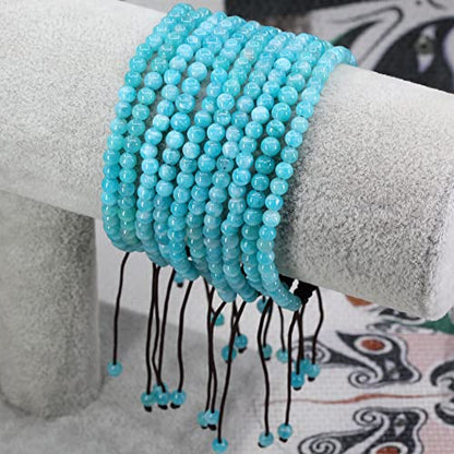 Keleny Natural Gemtones 4mm Round Beads Crystal Adjustable Braided Macrame Tassels Bracelets Unisex - color: Xin Jiang A Grade Blue Amazonite