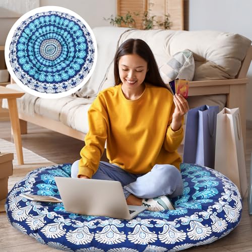 Funnymoom Extra Large Mandala Floor Cushion 35 Inch Round Meditation Floor Pillow Papasan Swing Cushion for Adults Oversized Playroom Pillows Reading Nook Big Pillow for Sitting Yoga Living Room Sofa - color: Navy Blue, style: Bohemian