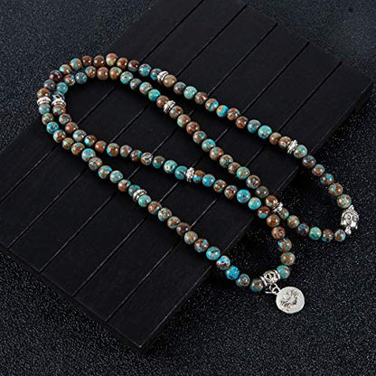 Bivei 108 Mala Beads Necklace Long Beaded Wrap Bracelets Genuine Gemstone Mala Prayer Beads Lotus Buddha Charm Yoga Meditation Necklace - color: Blue Lace Agate-Lotus OM-Buddha