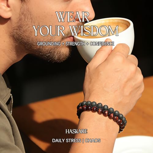 HASKARE Energy Beads Tiger Eye Bracelet for Men, Red Tiger Eye Beads Lava Stone Bracelets, Handmade Protection Crystal Bracelet Mens Jewelry Bracelets Father Christmas Gift for Stress Relief 8mm