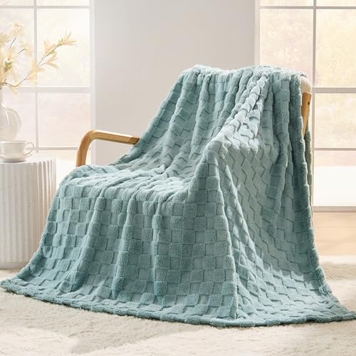 Light Green Textured Checkered Twin Size Blanket, 330GSM Soft Plush Fleece Blanket for Couch Sofa Bed, Cozy Decorative Giftable Home Blanket, 60x80 Inches - color: Light Green, size: Twin(60"x80")