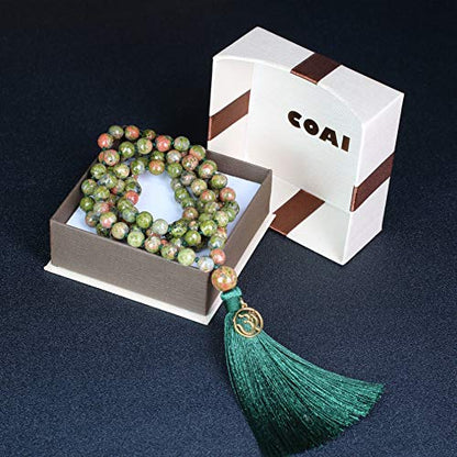 COAI OM Charm Hand Knotted Tassel 108 Mala Beads Necklace - color: Faceted Unakite, size: 8mm
