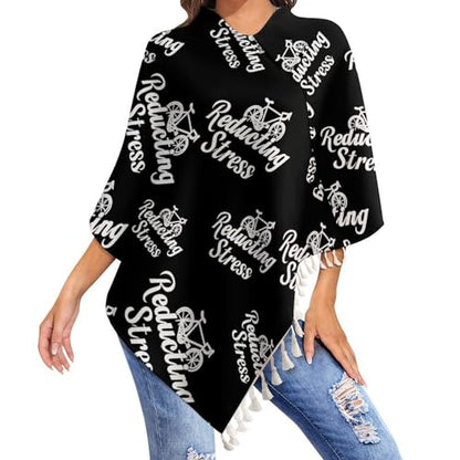 Weapon of Stress Reduction Biking Shawl Wraps for Women Printed Tassel Ponchos Oversized Soft Cape Sweater - color: White-style