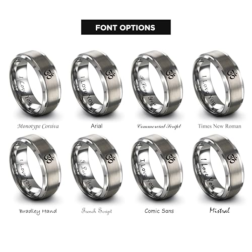 Yoga Om Symbol Ring - Gift for Meditation Fan - Personalized Custom Engraving - Anniversary Wedding - 8mm - Band - Brushed Polished - Tungsten - Flat Dome Bevel - Men Women - Yellow Rose Gold Silver - color: 06 - Grey Tungsten