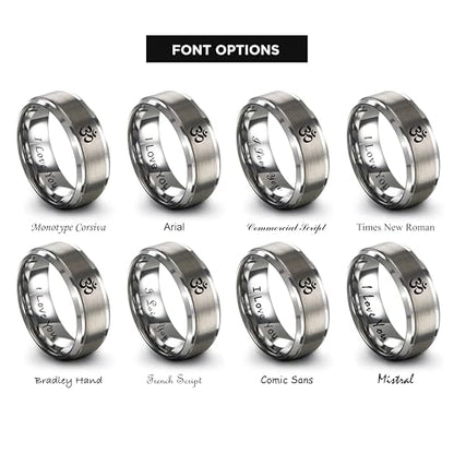 Yoga Om Symbol Ring - Gift for Meditation Fan - Personalized Custom Engraving - Anniversary Wedding - 8mm - Band - Brushed Polished - Tungsten - Flat Dome Bevel - Men Women - Yellow Rose Gold Silver - color: 06 - Grey Tungsten