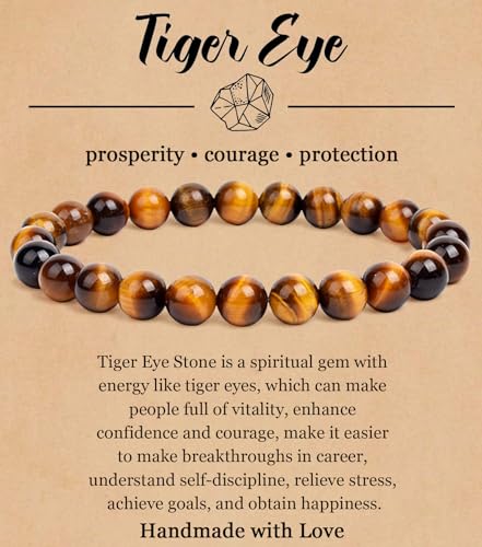 BOMAIL Natural Stone Bracelet for Women Men - 8MM Semi-Precious Gemstone Beaded Bracelet Healing Crystal Stretch Bracelet Yoga Bracelets Jewelry - color: Tiger Eye Stone