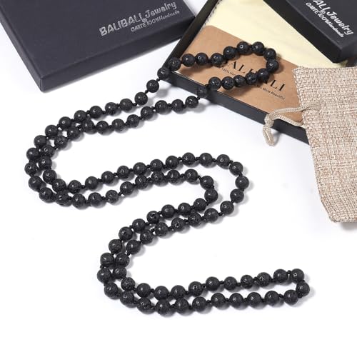 Beaded Necklace Hand Knotted for Woman - color: Lava Stone