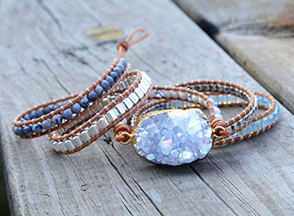 Boho Wrap Bracelet for Women, Handmade Natural Imperial Jasper Multi-Layer Stone Beaded Bracelet, Bohemian Healing Crystal Stone Jewelry Gifts - color: Quartz Druzy