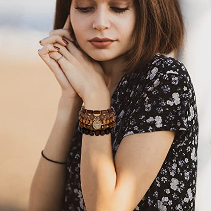 Bohemian Natural Stone Beaded Bracelets for Women Men Stackable Stretch Beads Bracelet Set with Charm and Tassel Multilayered Elastic Gemstone Bracelets Summer Beach Boho Jewelry Gift for Women - color: Brown Wooden Beads