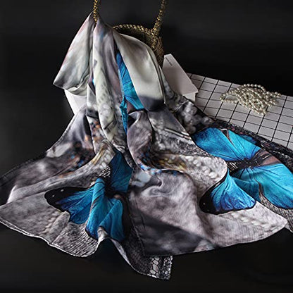 100% Mulberry Silk Long Scarf for Women Large Shawls for Headscarf and Neck- Oblong Hair Wraps with Gift Packed - color: Blue Butterflies