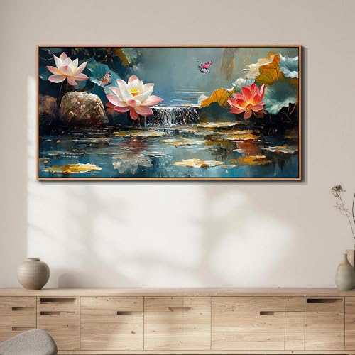 Anolyfi Lotus Canvas Large Framed Wall Art for Living Room, Lotus Wall Decor Zen Yoga Painting Artwork for Spa Bedroom Hallway Dining Room Office Home Decor, 40"x20" - color: Pink Lotus / Wood Framed, size: 40"L x 20"W