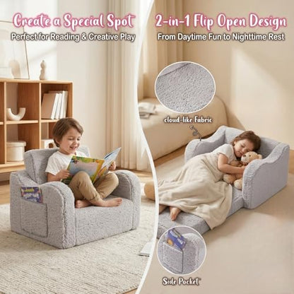 MOMCAYWEX Kids Sofa, 2-in-1 Flip-Out Foam Couch with Soft Sherpa Cover, Cozy Play Lounge Chair, Grey - color: Grey, size: Medium