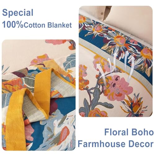 Boho Throw Blanket - 100% Cotton Soft Throw Blanket for Bed, 90"x90" Reversible Breathable Lightweight Summer Blankets, All Seasons Farmhouse Decor Floral Plant Butterfly Throw Quilt