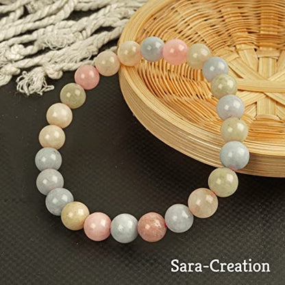 Aquamarine And Morganite Round Beaded Bracelet, Blue Aquamarine Stone, Pink Morganite Stone