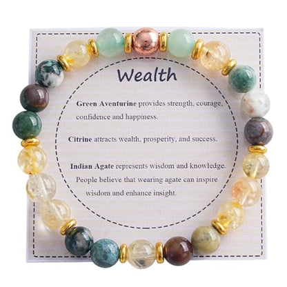 KSQS Healing Stone Bead Bracelet for Women, Natural Gemstones Balance Protection Bracelet, Spiritual Crystal Beads Bracelet Anxiety Relief with Meaning Card - style: Wealth