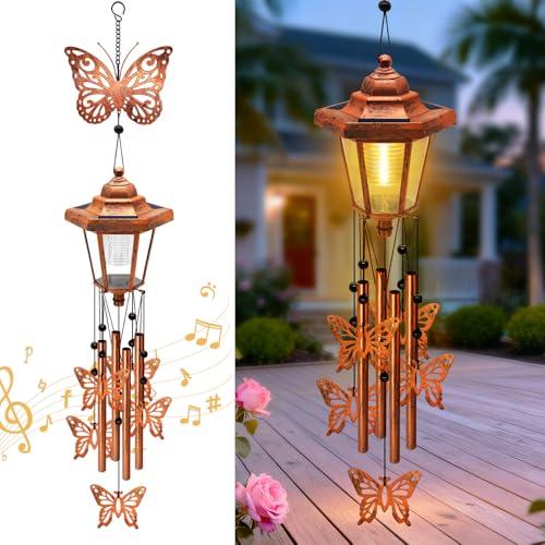 Large Solar Butterfly Wind Chimes, Gift for Women Mom Grandma Wife Sister Daughter Neighbor, Classic Bronze Wind Chimes With Wind Catcher, Solar Decor Lights For Outdoor Garden Patio Yard Porch Window