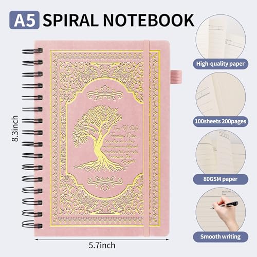 A5 Hardcover Spiral Notebook Tree of Life Journal Daily Journals for Writing Travel Notebooks Journal for Women Men 80GSM Paper Leather Spiral Journal,5.7"x8.3"（Spiral Tree -Pink) - color: Spiral Tree of Life-pink